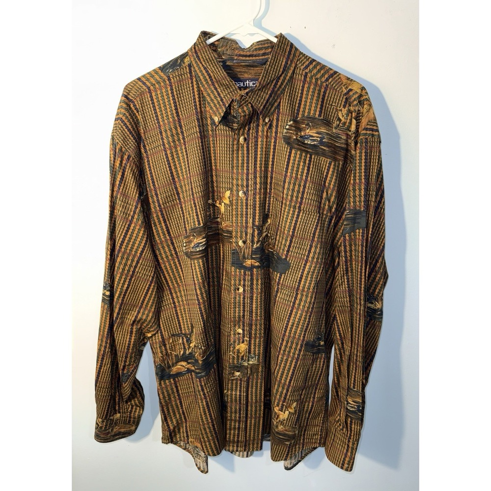 NAUTICA Men's Vintage Hunting Shirt Game Bird Print Brown Long Sleeve Size L